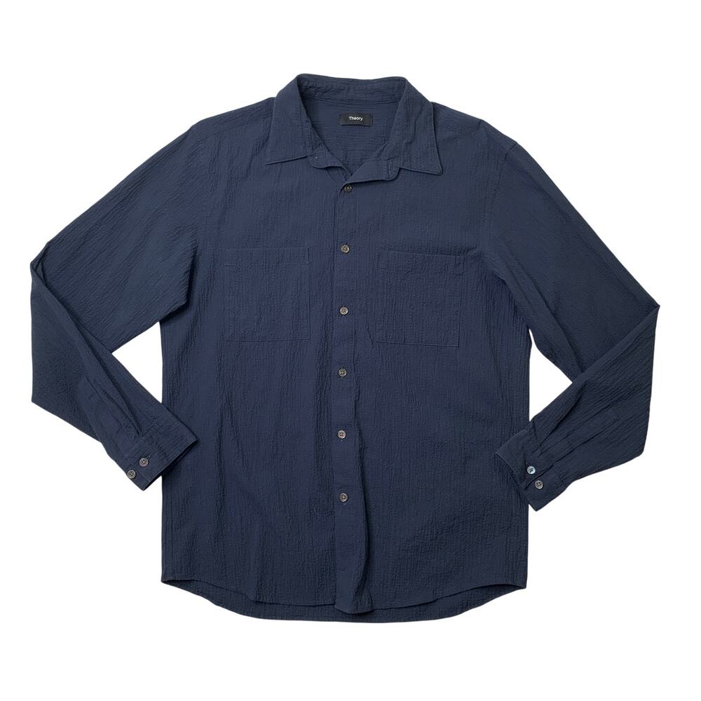 Theory Shirt Mens L Large Navy Cotton Gauzy Seersucker Irving Spring Ripstop
